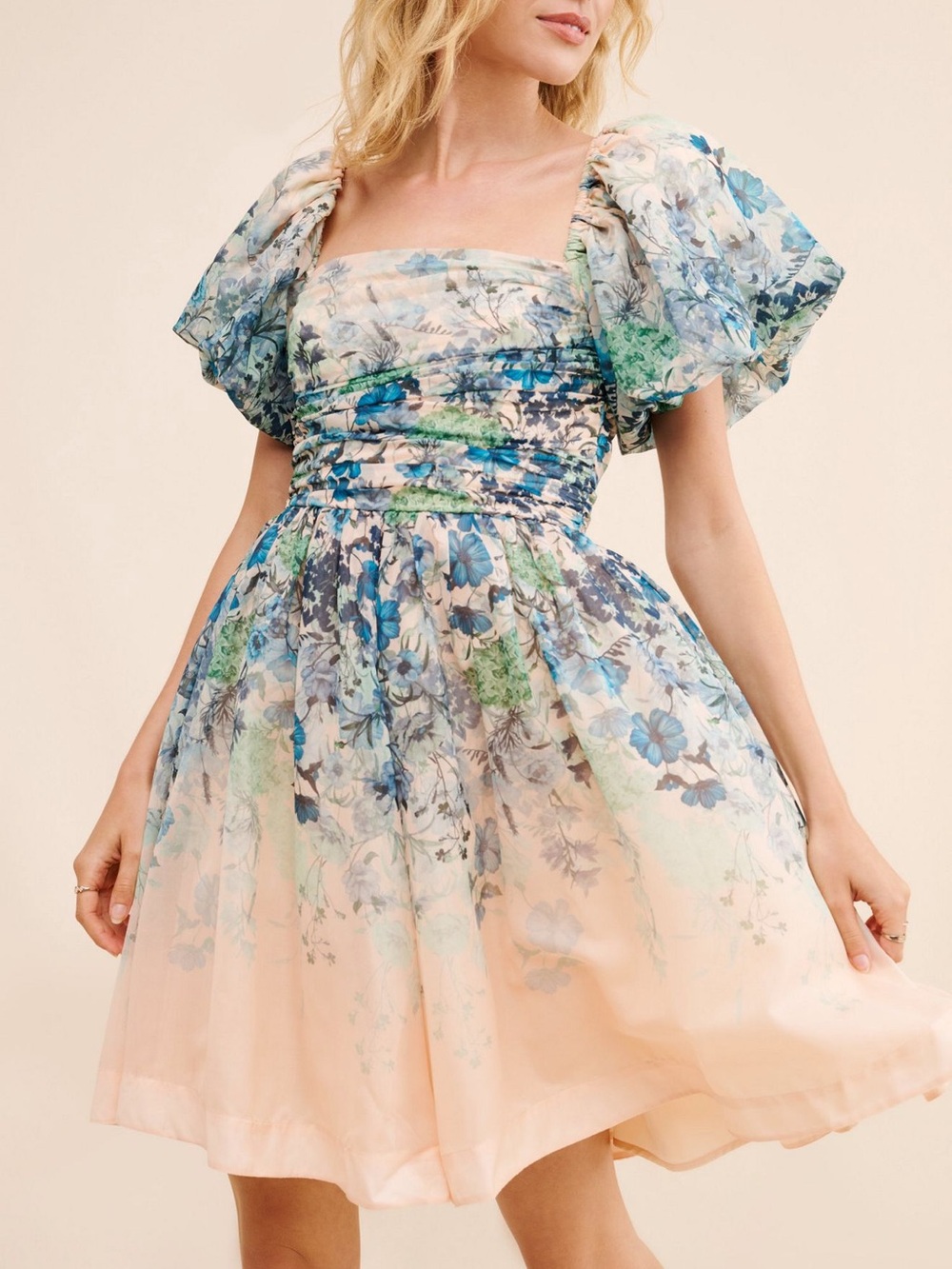 Anthropologie Floral Puff-Sleeve Mini Dress in Peach and Blue